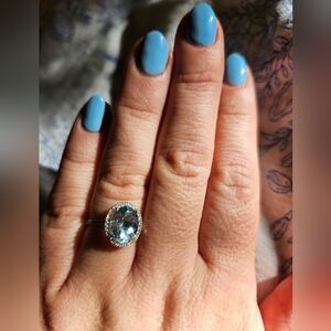 14k White Gold Oval 10x8mm Natural Aquamarine & Diamond Engagement Ring, sz 7